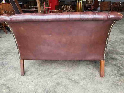 Antique repro button back leather 2 seat high back sofa cabriole legs