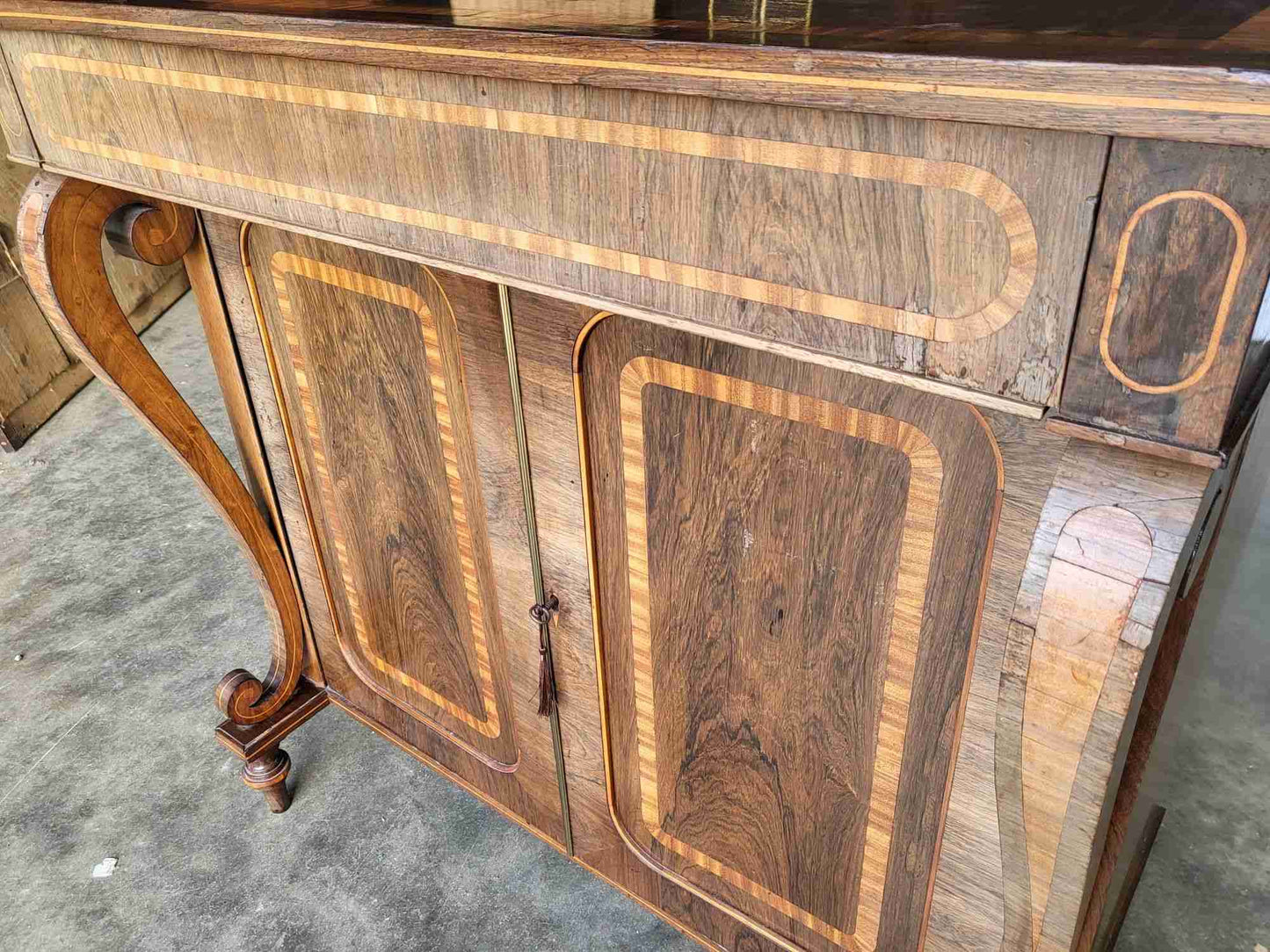 Antique inlaid small sideboard cupboard curved columns
