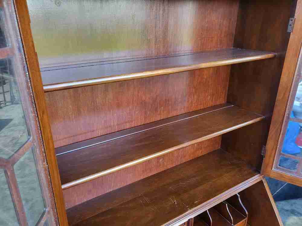 Antique repro serpentine glazed bookcase bureau desk drawers