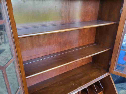 Antique repro serpentine glazed bookcase bureau desk drawers