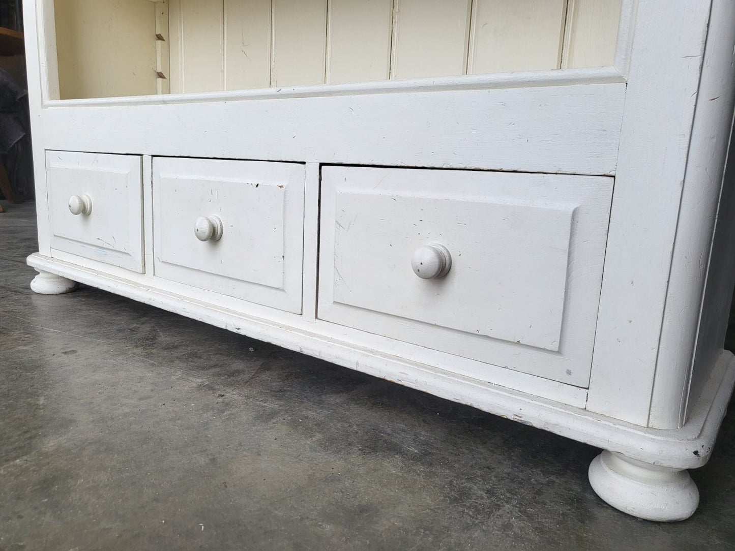 Large white open bookcase adjustable shelves 3 drawers cornice