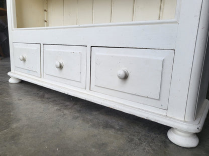 Large white open bookcase adjustable shelves 3 drawers cornice