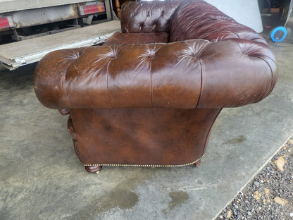 Vintage shabby large 3 seat brown leather Chesterfield sofa