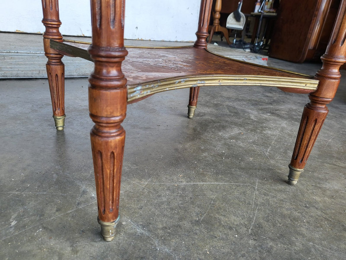 Antique Louis marquetry round 2 tier side end table brass Ormolu