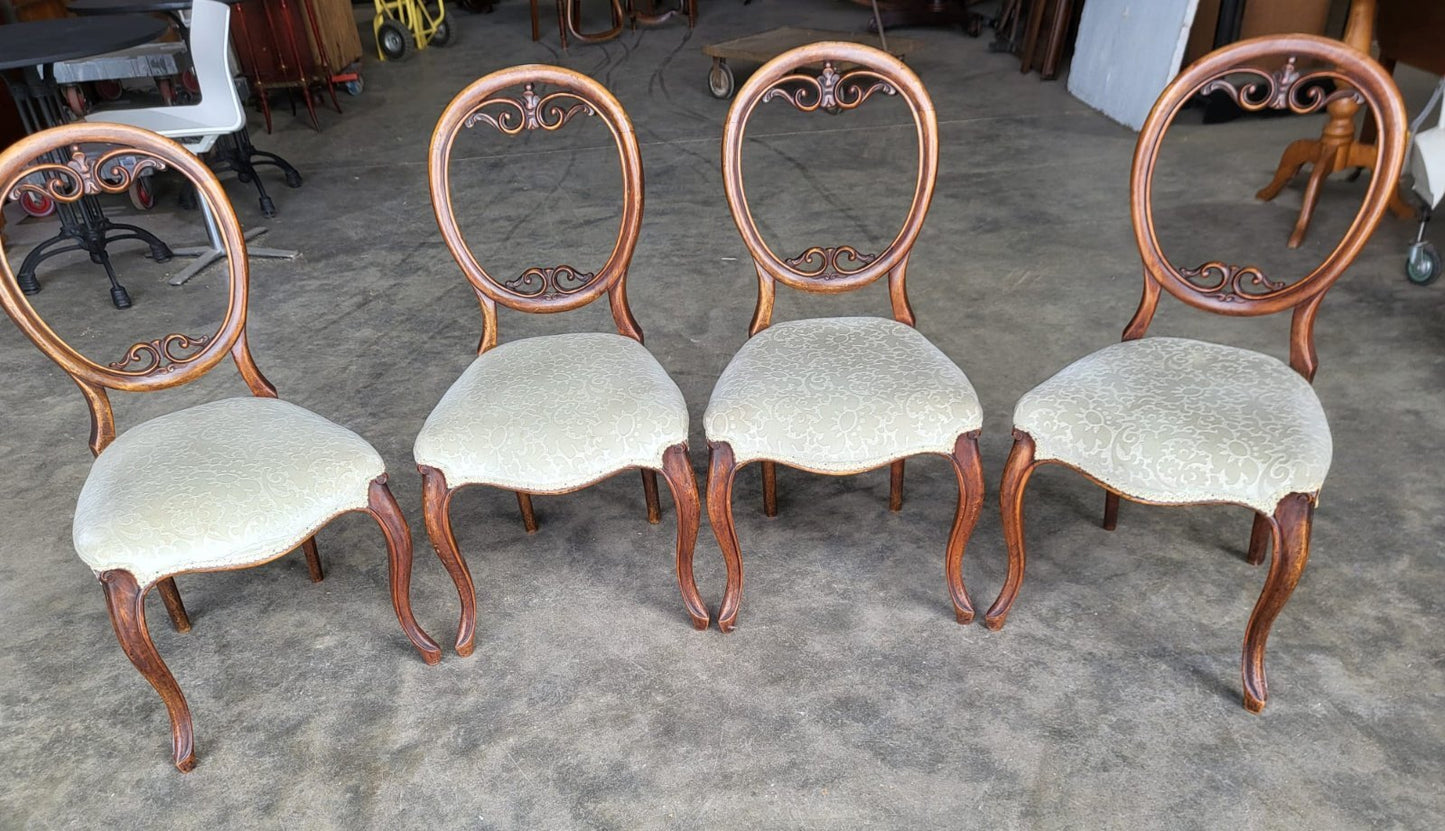 Four green antique Victorian balloon back dining chairs cabriole legs