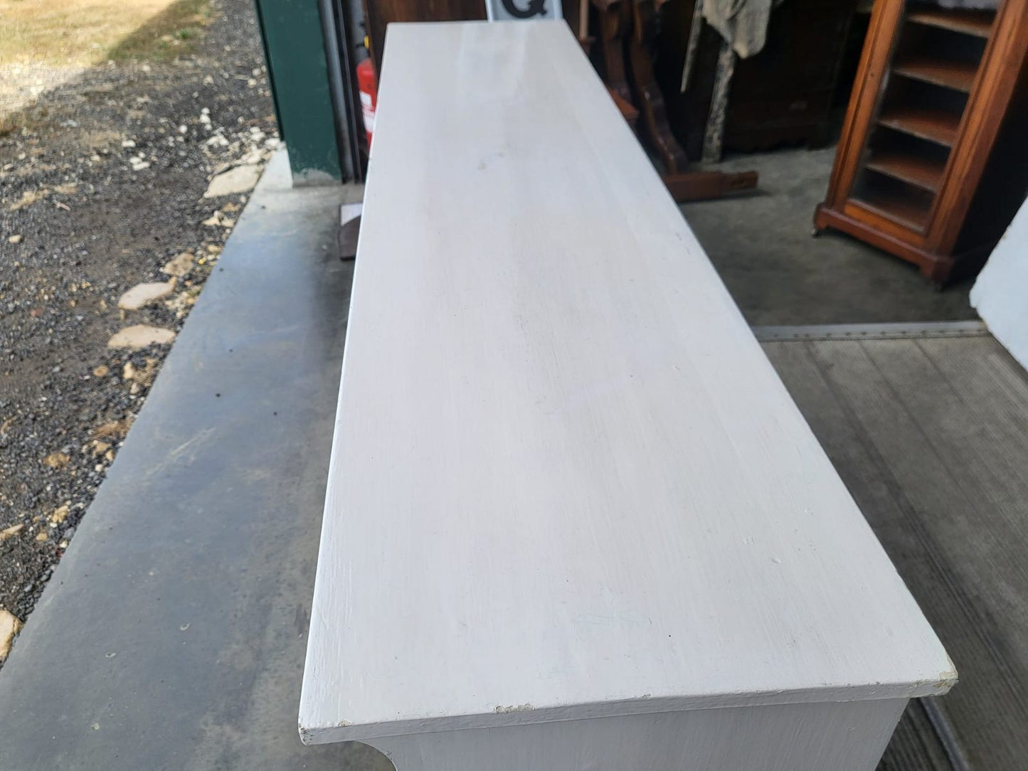 Vintage large low painted white open bookcase six shelves