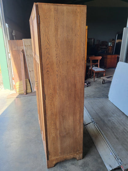 Vintage small oak panelled gentleman's wardrobe shelves drawer