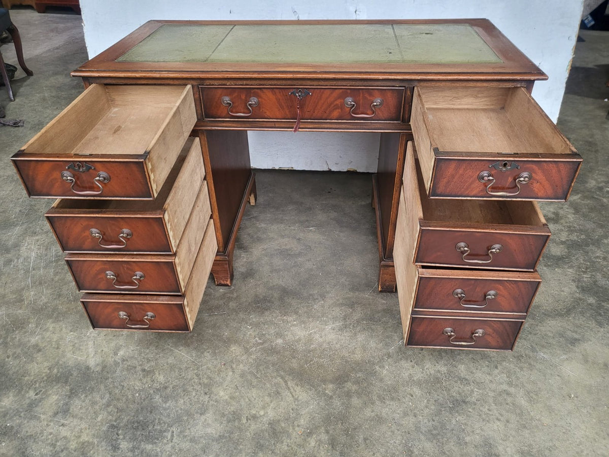 Antique repro small twin pedestal writing desk leather top 8 drawers