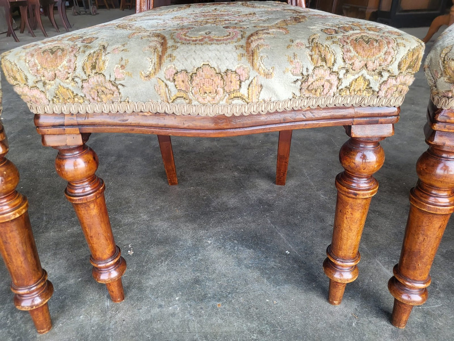 Four antique Victorian balloon back dining chairs floral seats