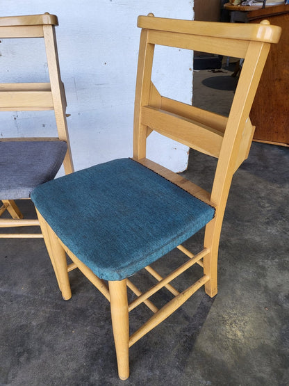 Four small beech church chapel dining chairs upholstered