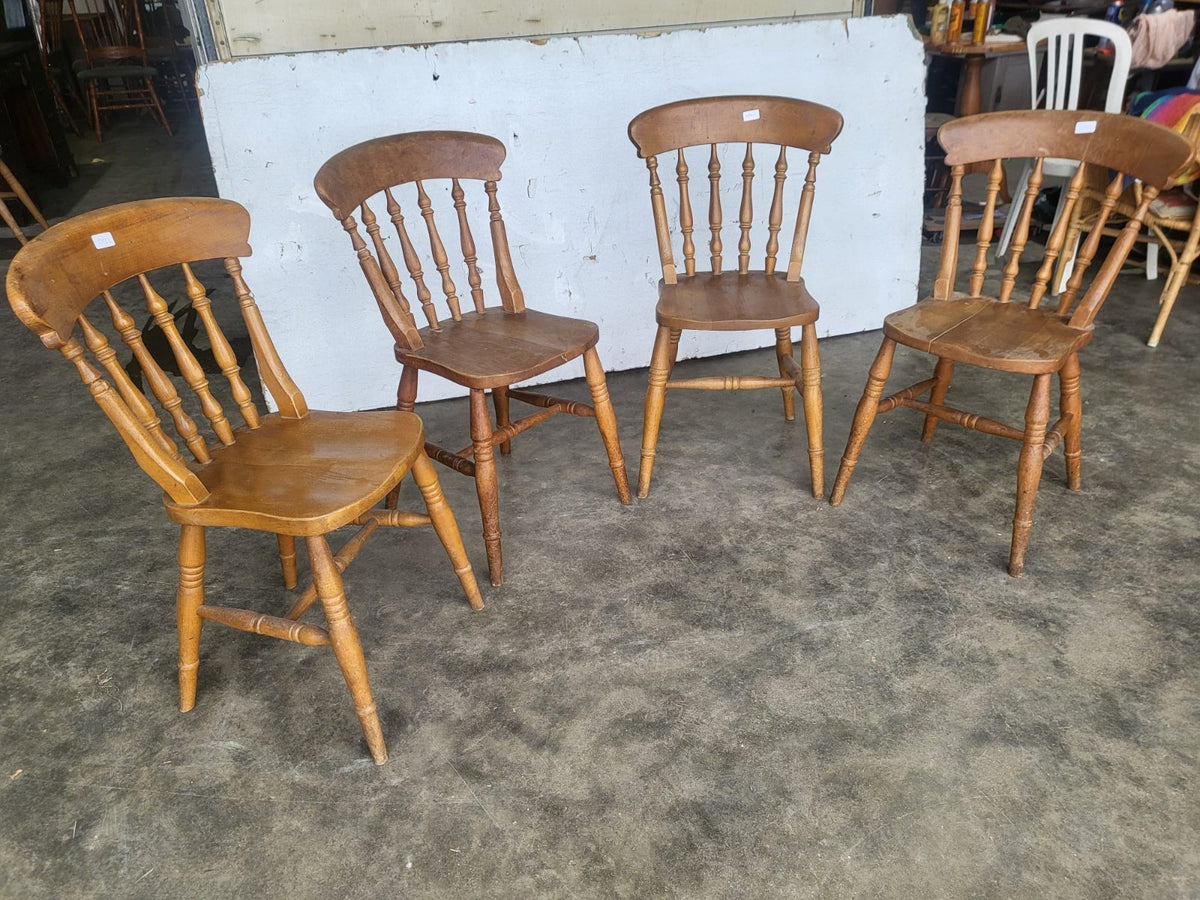 Four beech wooden stick back kitchen country dining chairs