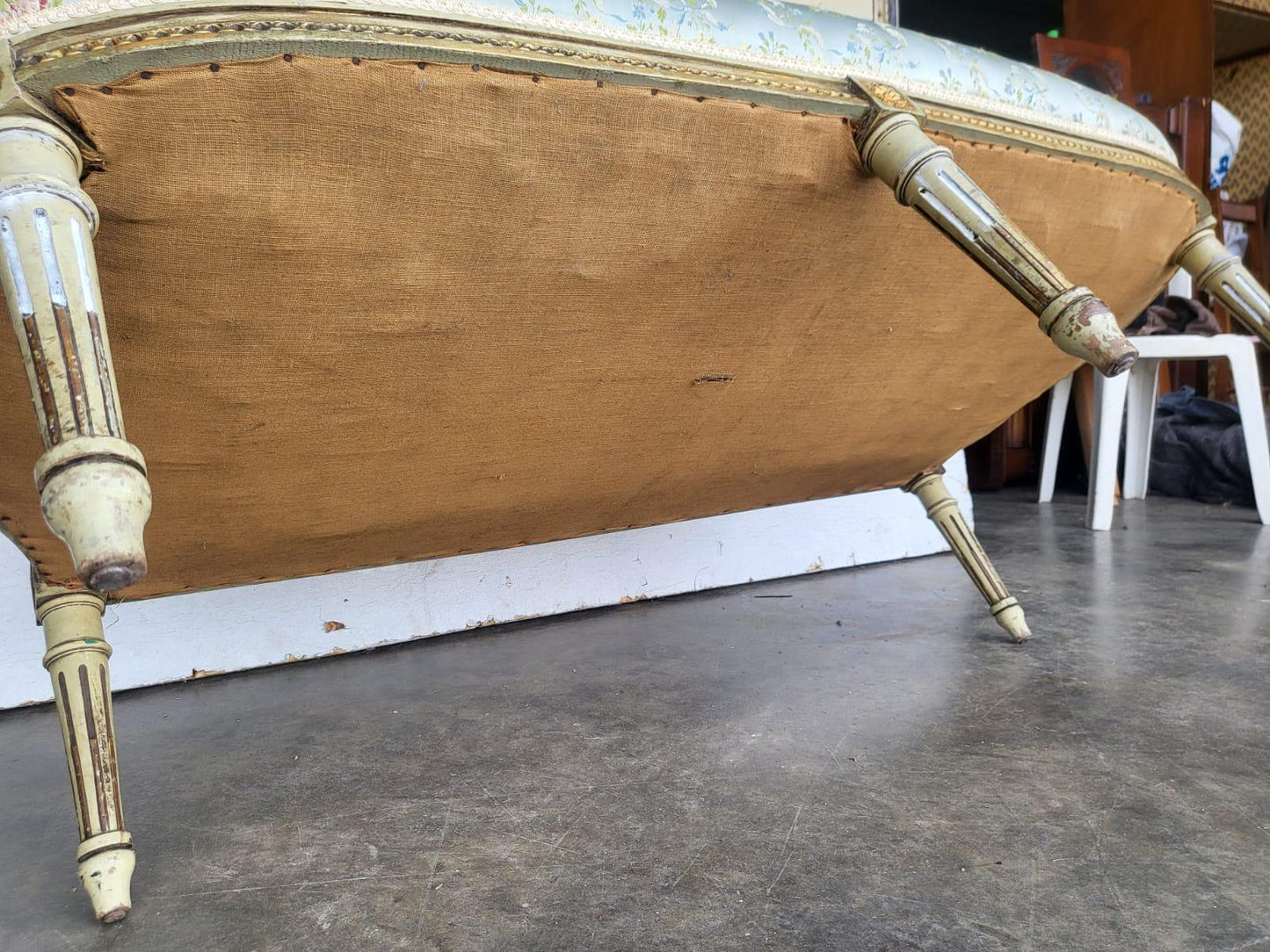 Antique Victorian French wood frame parlour sofa gold silk floral