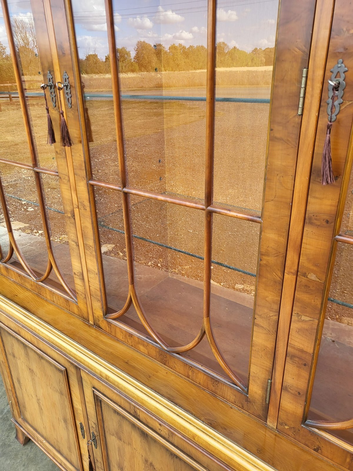 Antique repro large Yew 3 door glazed bookcase display cabinet cupboard shelves