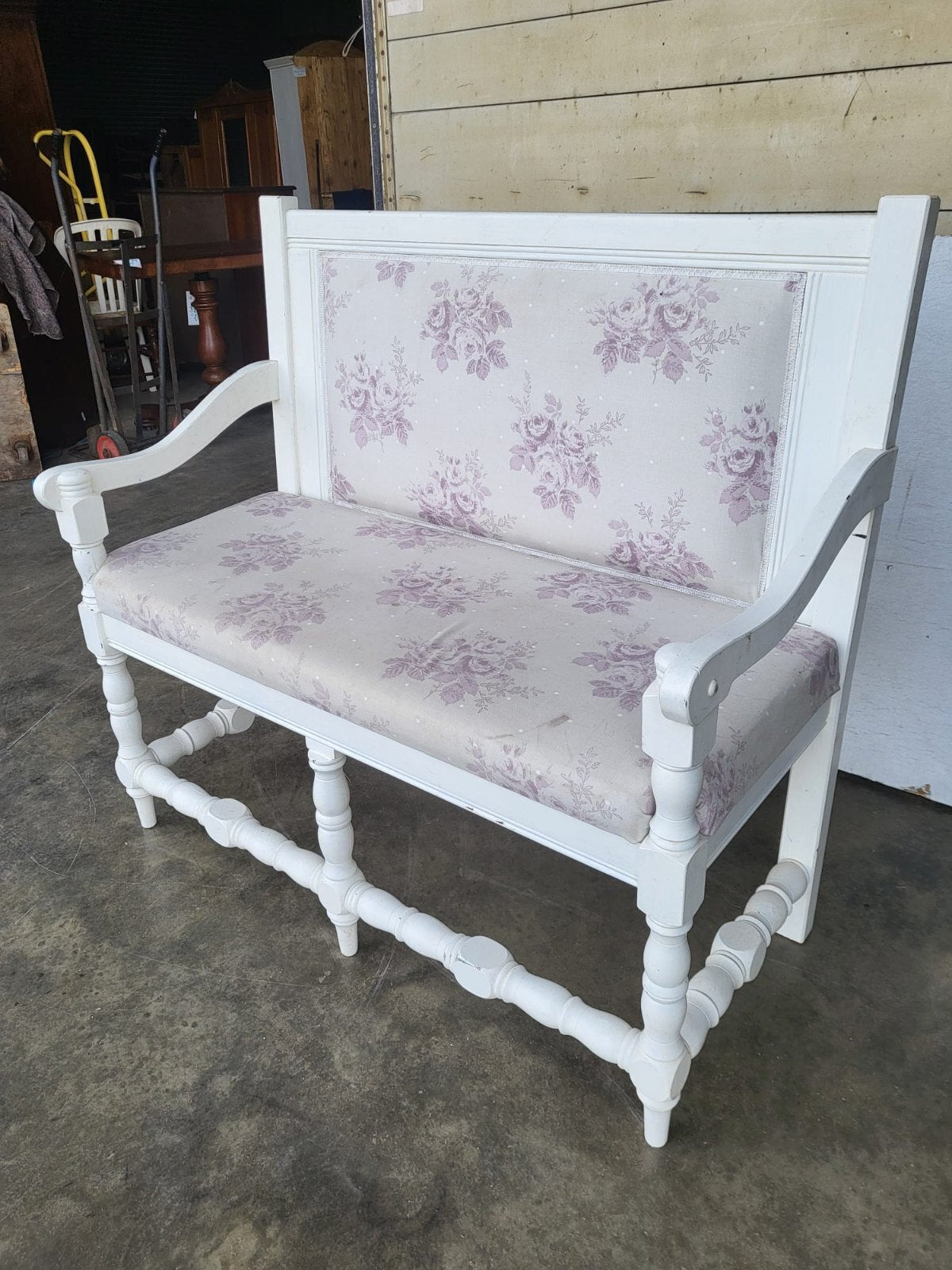 Vintage white 2 seat upholstered bench settle seat