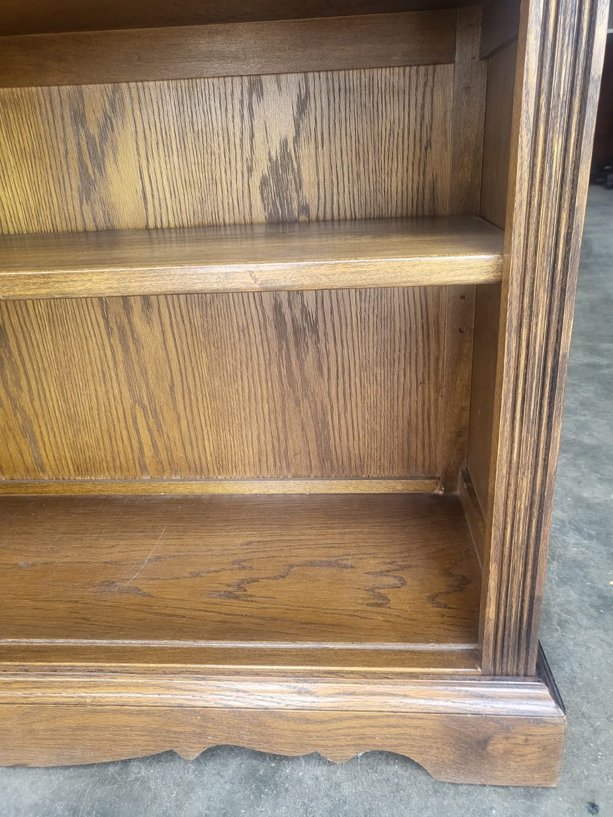 Antique dark oak tall open bookcase adjustable shelves old charm