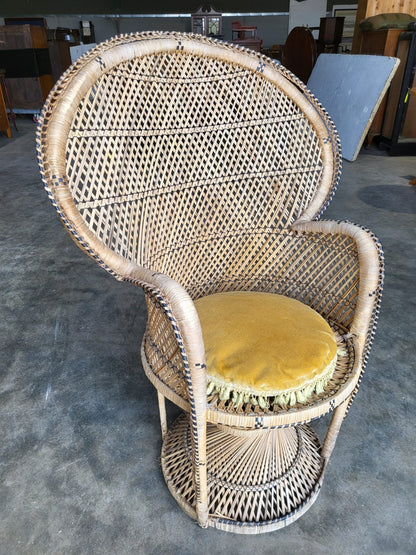 Vintage cane wicker round high back peacock arm chair