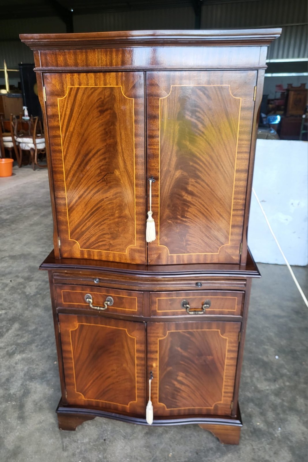 Antique repro bow front inlaid drinks cabinet cupboard desk