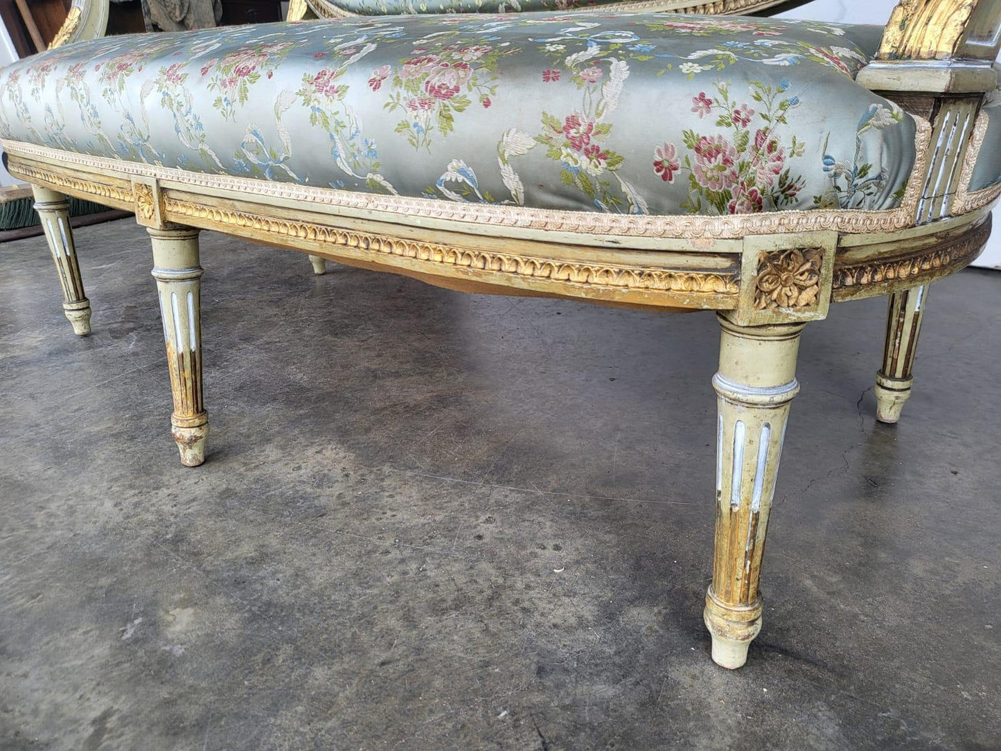 Antique Victorian French wood frame parlour sofa gold silk floral