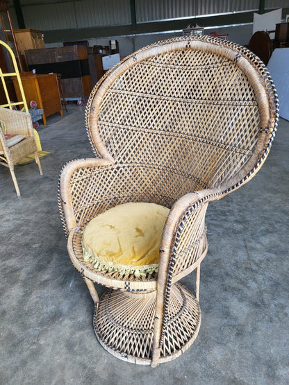 Vintage cane wicker round high back peacock arm chair