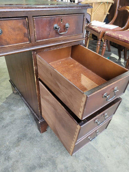 Antique repro small twin pedestal writing desk leather top