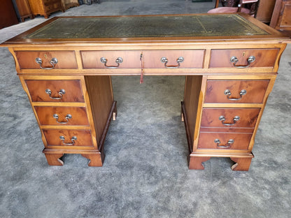 Antique repro Yew small twin pedestal desk leather top