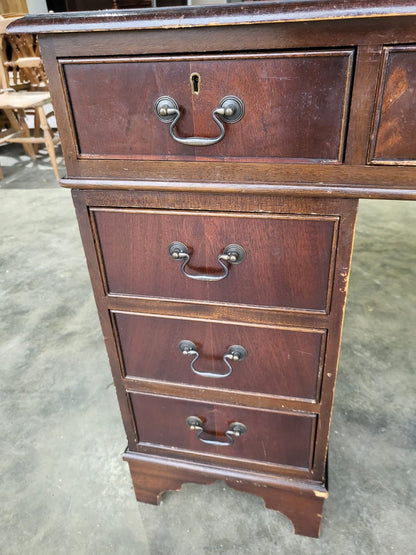 Antique repro small twin pedestal writing desk leather top