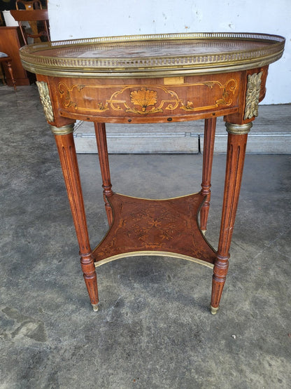 Antique Louis marquetry round 2 tier side end table brass Ormolu