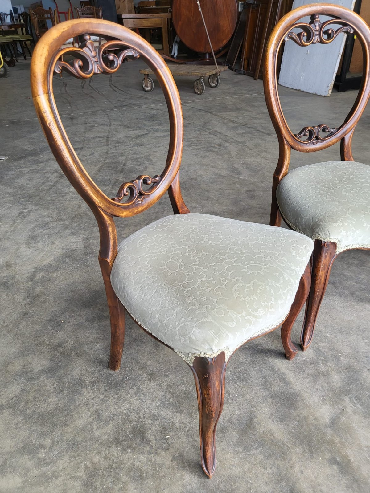 Four green antique Victorian balloon back dining chairs cabriole legs