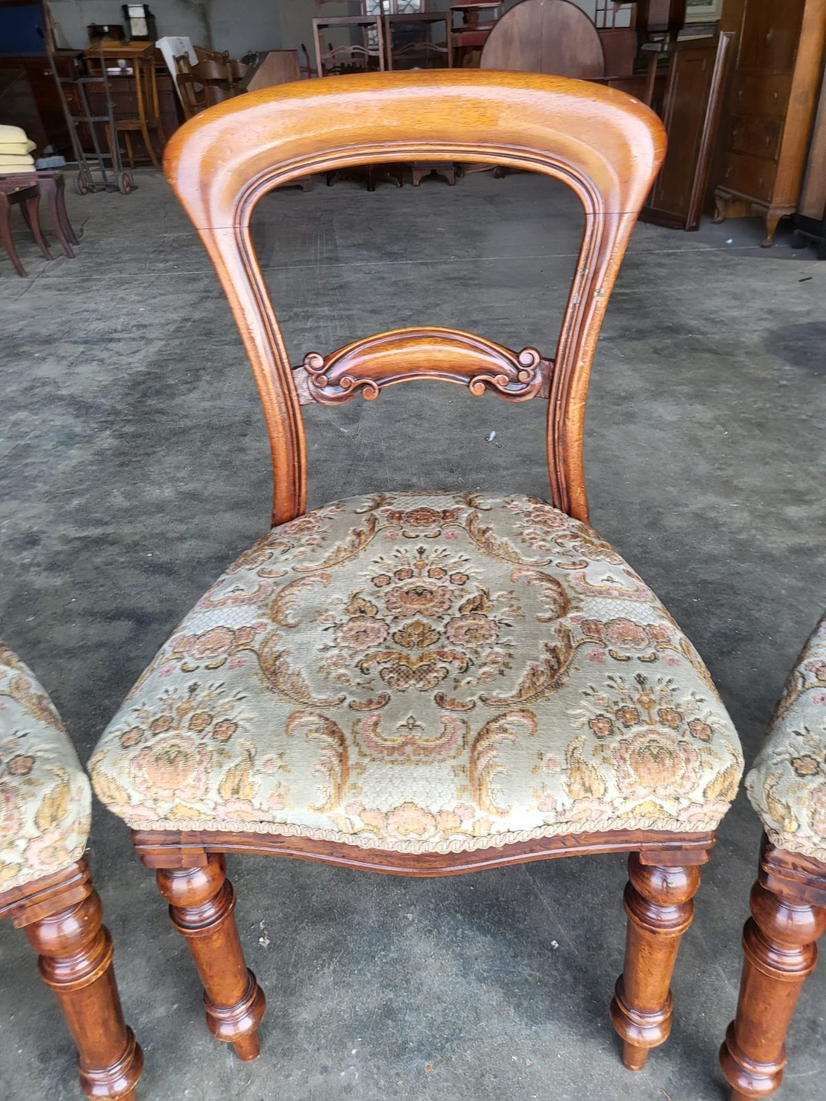 Four antique Victorian balloon back dining chairs floral seats