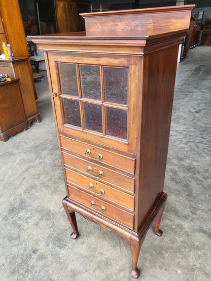 Antique Victorian tall glazed side end cabinet drawers cabriole legs