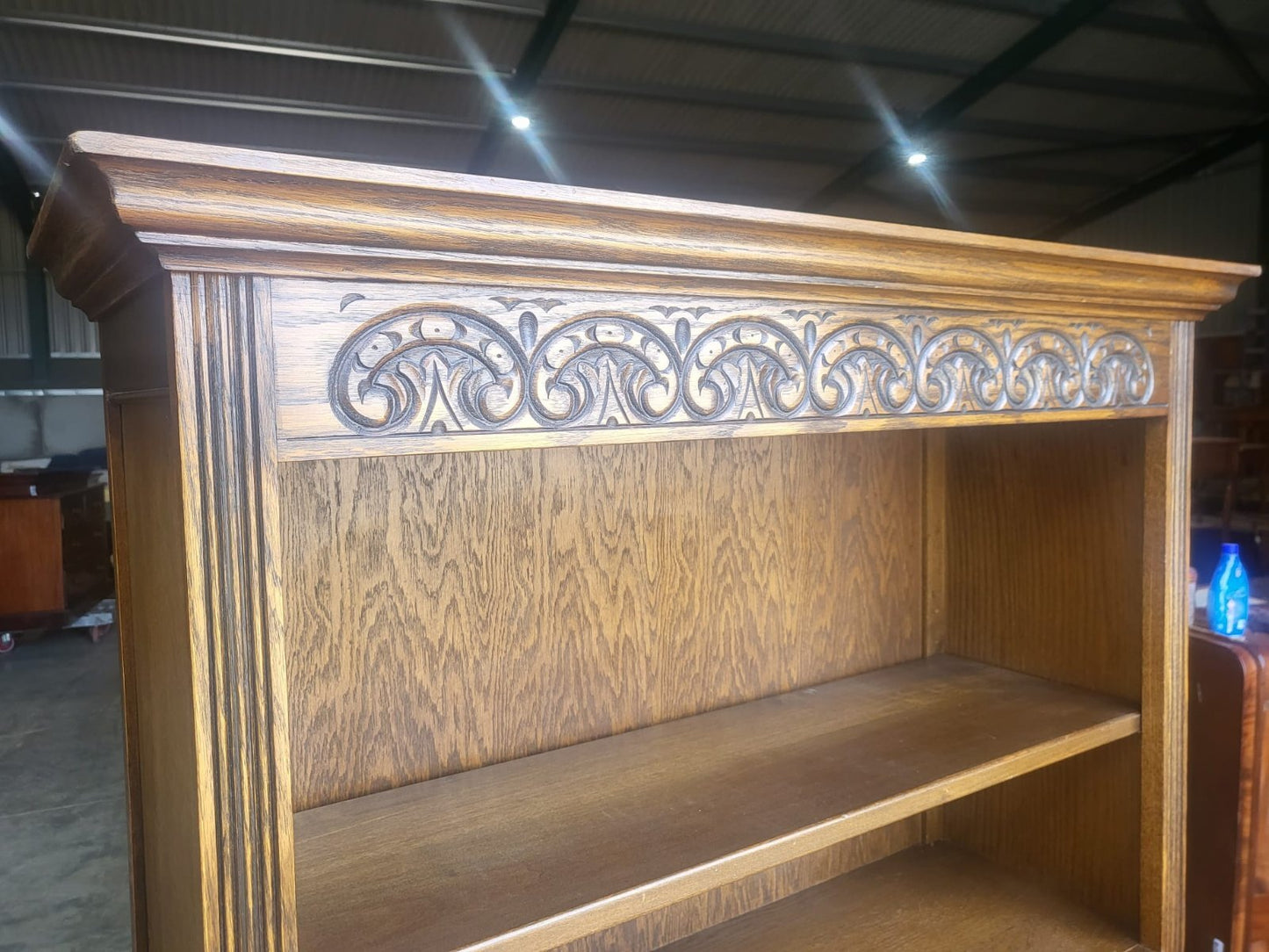 Antique dark oak tall open bookcase adjustable shelves old charm