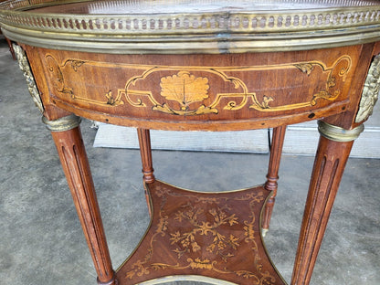 Antique Louis marquetry round 2 tier side end table brass Ormolu