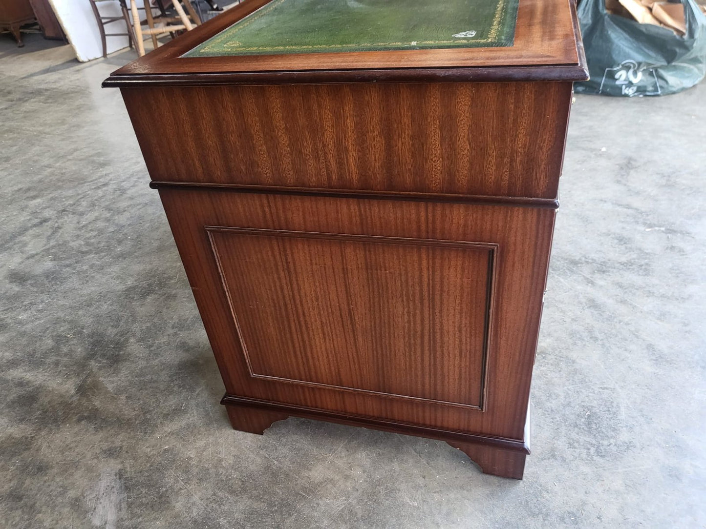 Antique repro small twin pedestal writing desk leather top drawers