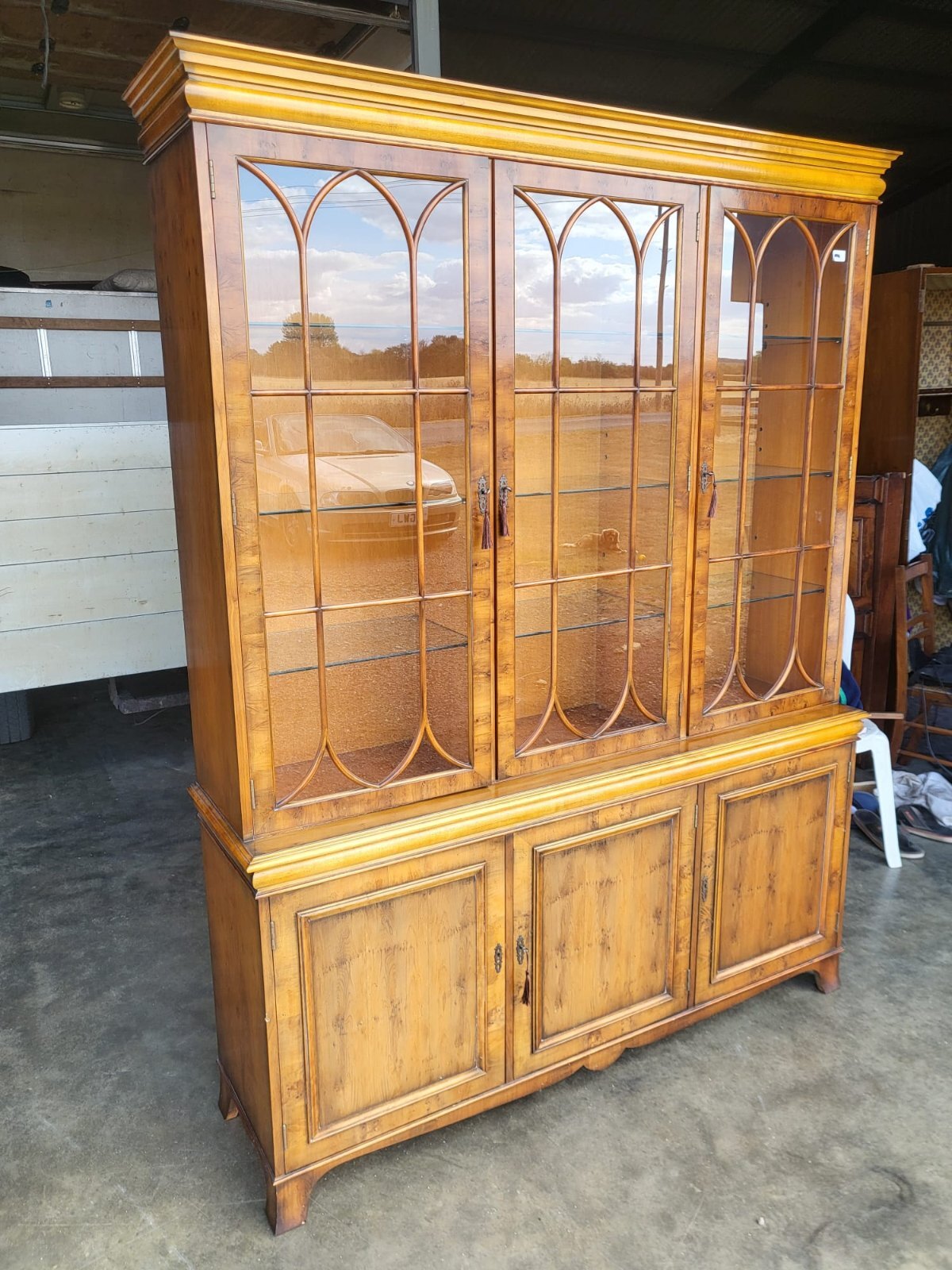 Antique repro large Yew 3 door glazed bookcase display cabinet cupboard shelves