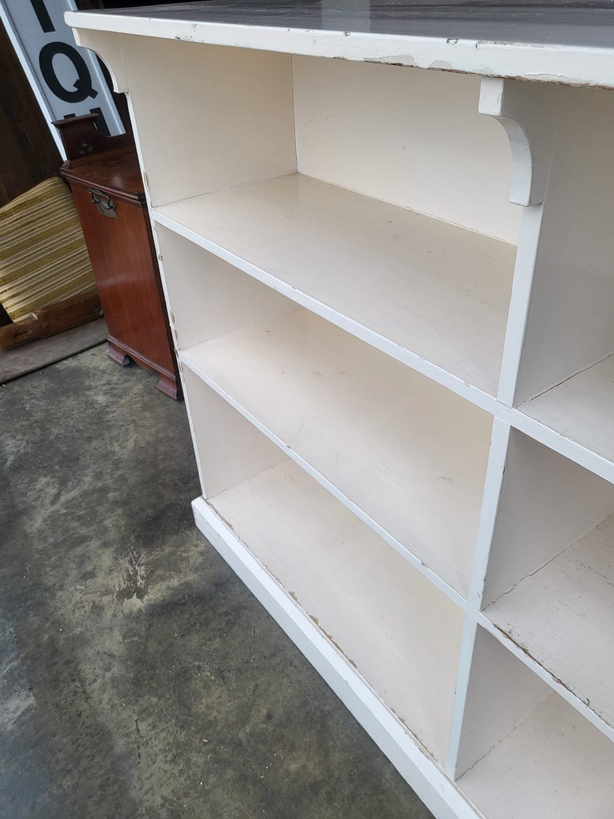 Vintage large low painted white open bookcase six shelves