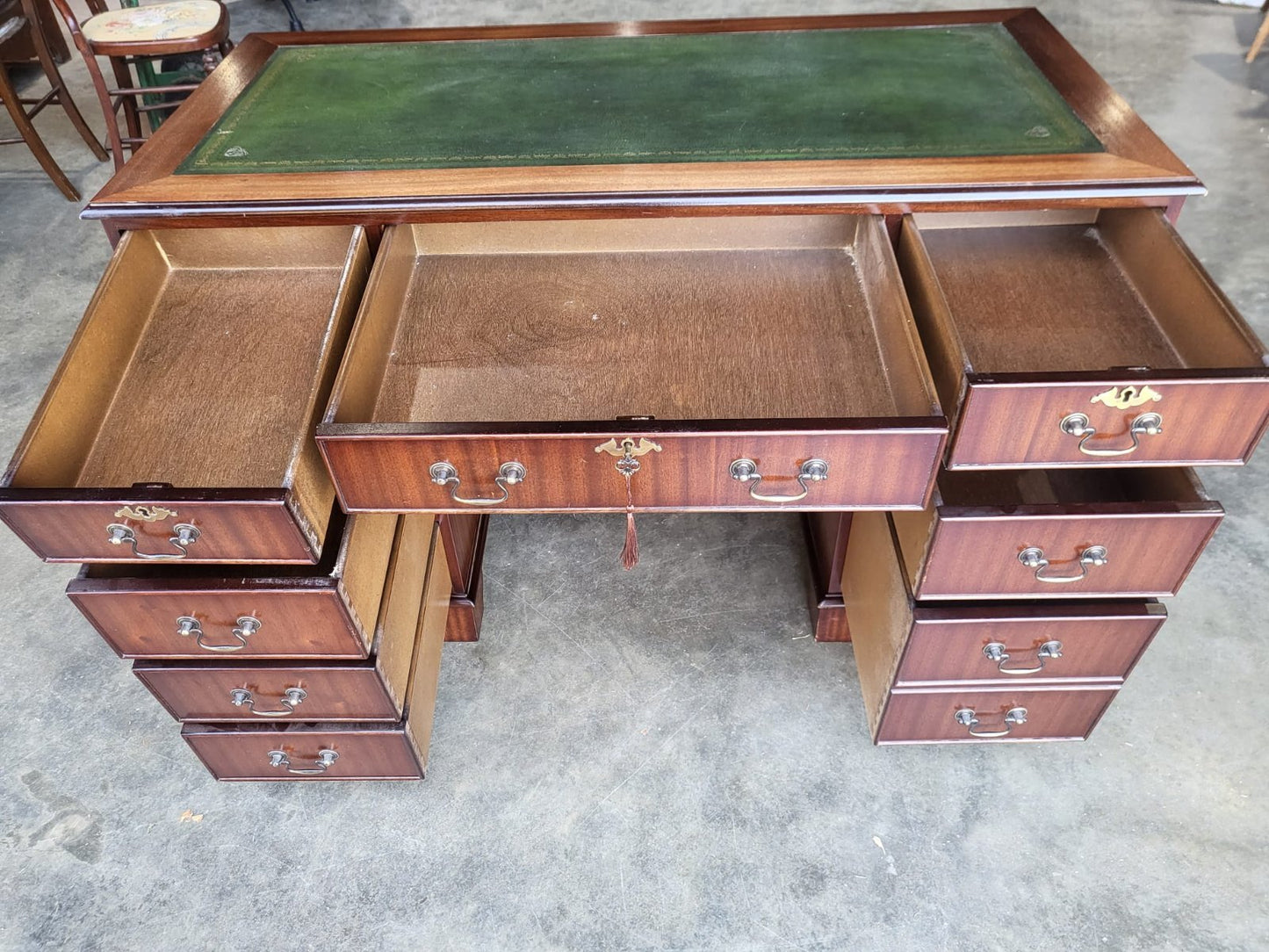 Antique repro small twin pedestal writing desk leather top drawers