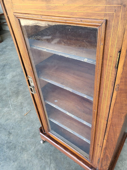 Antique Edwardian inlaid small glazed bookcase music cabinet shelves