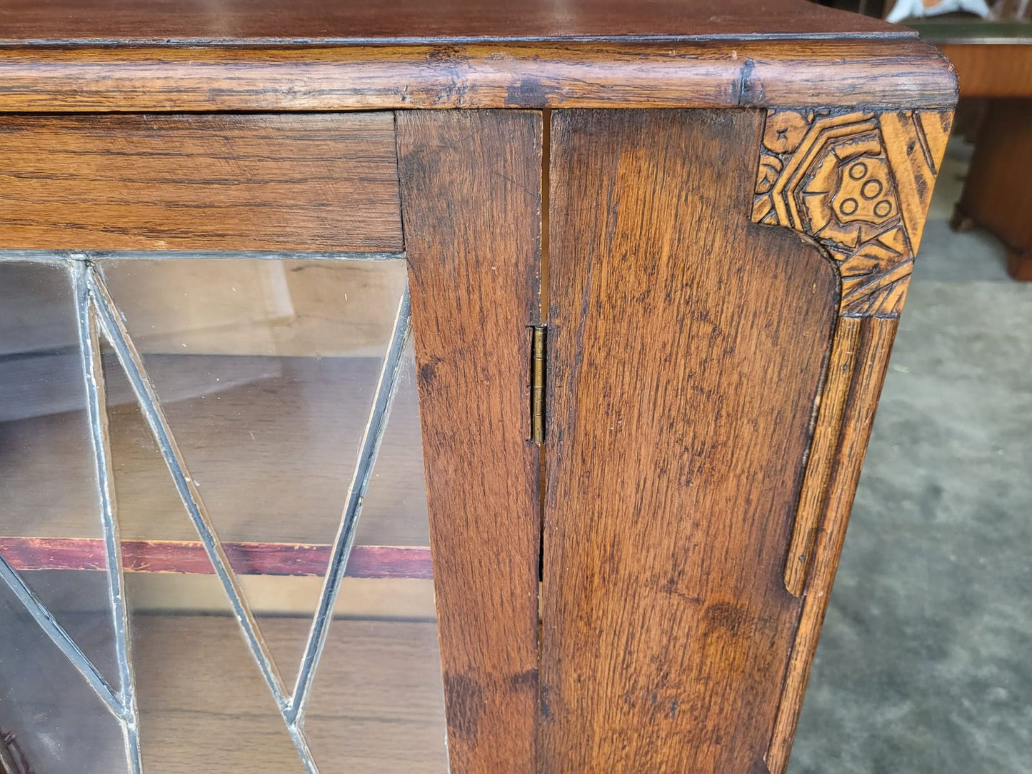 Antique oak Deco small 1x door glazed bookcase cabinet shelves