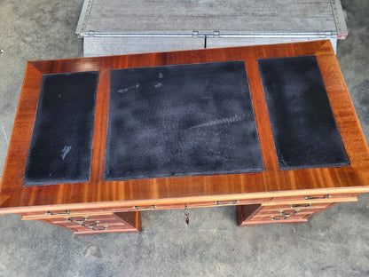 Antique repro small twin pedestal desk drawers cupboard leather top
