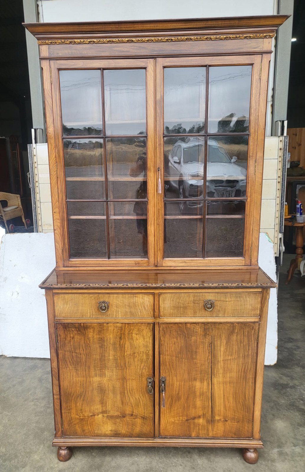 Antique Edwardian glazed bookcase cabinet drawers cupboard shelves