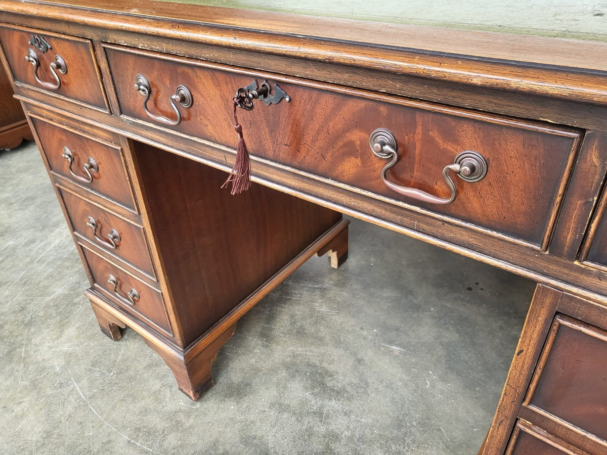 Antique repro small twin pedestal writing desk leather top 8 drawers