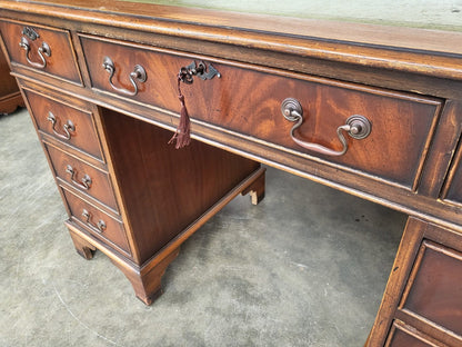 Antique repro small twin pedestal writing desk leather top 8 drawers