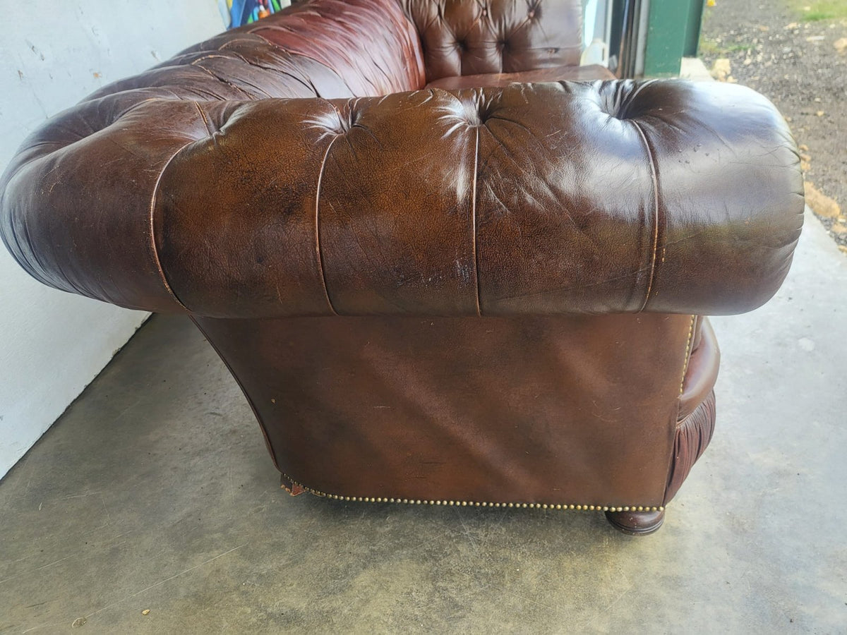 Vintage shabby large 3 seat brown leather Chesterfield sofa