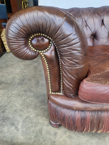 Vintage shabby large 3 seat brown leather Chesterfield sofa