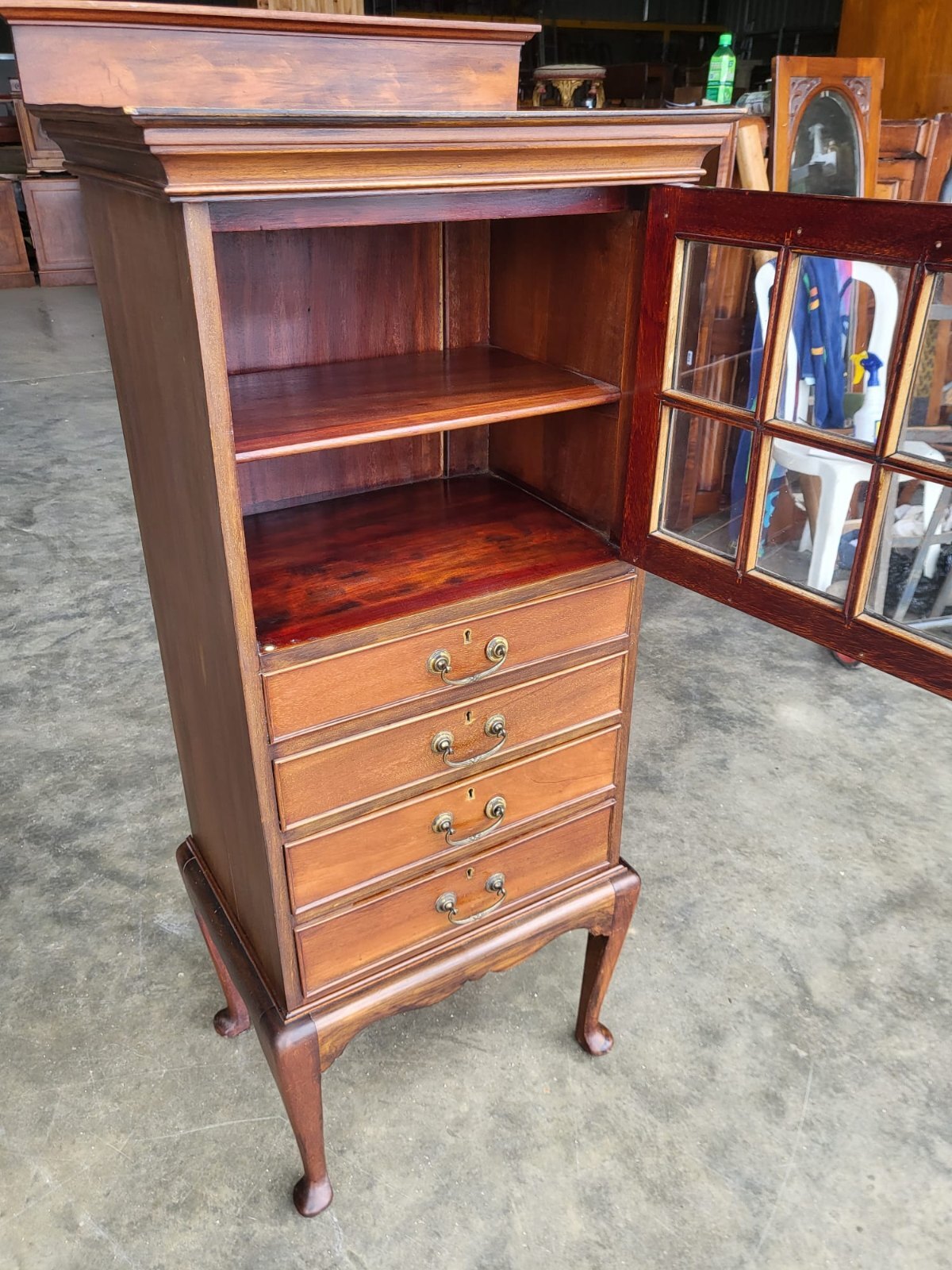 Antique Victorian tall glazed side end cabinet drawers cabriole legs