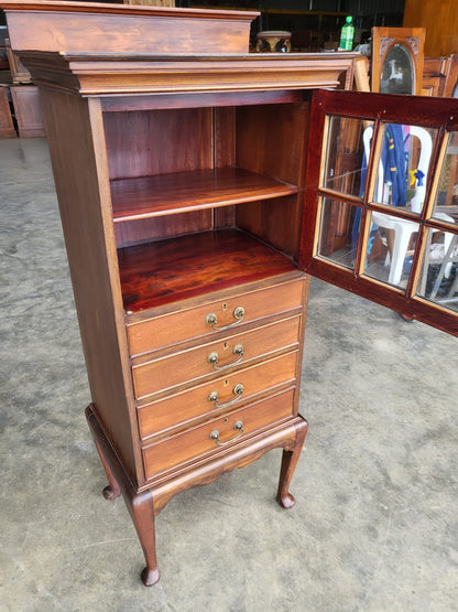 Antique Victorian tall glazed side end cabinet drawers cabriole legs