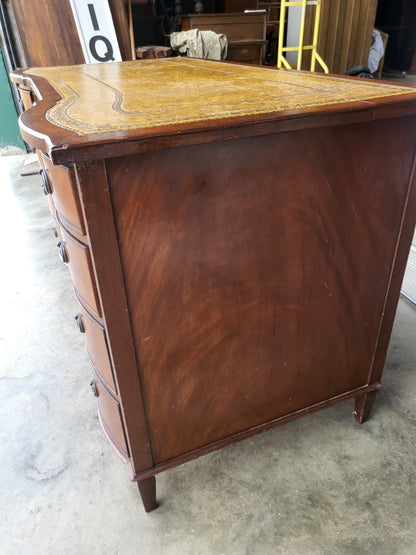 Antique repro small bow front desk 9 drawers leather top