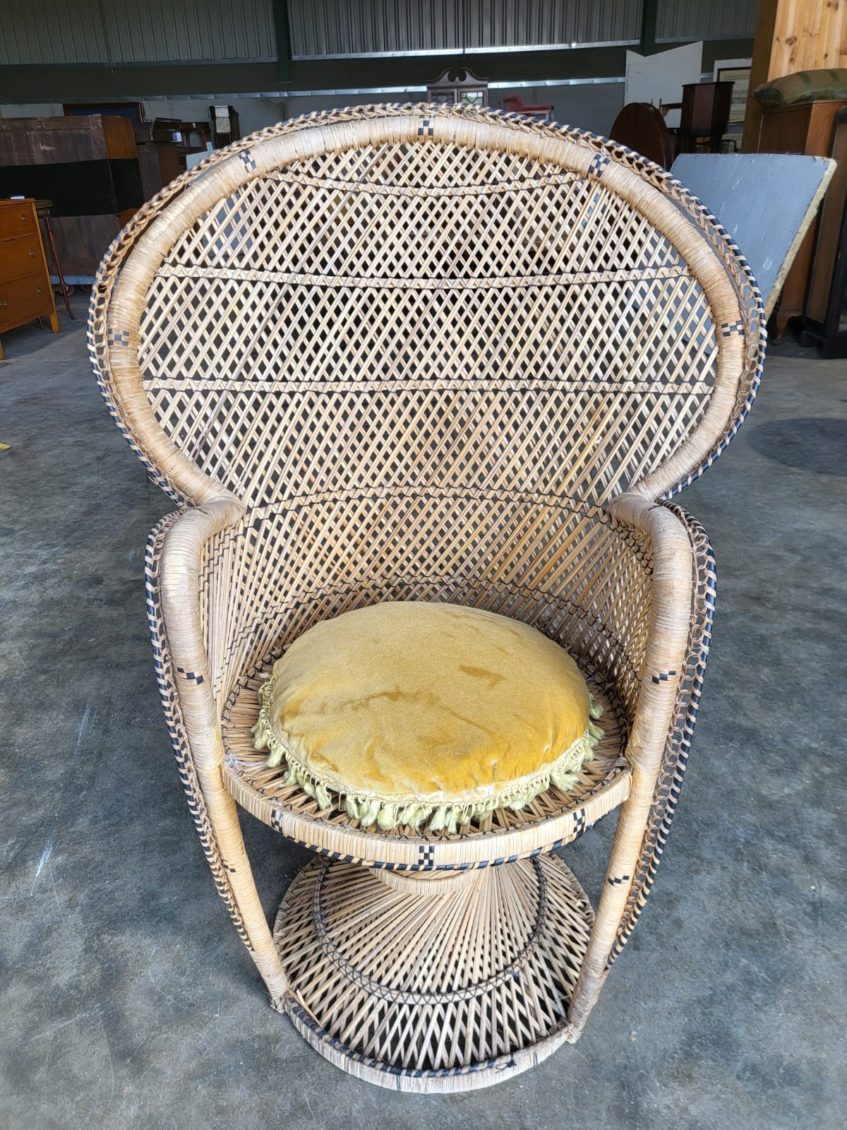 Vintage cane wicker round high back peacock arm chair