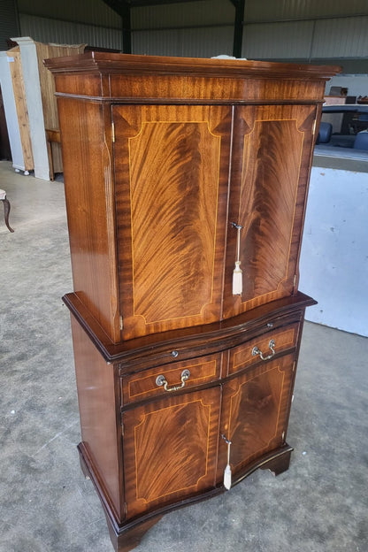 Antique repro bow front inlaid drinks cabinet cupboard desk