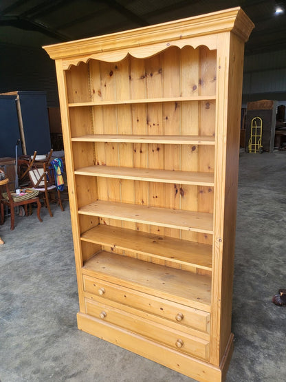 Large pine open bookcase adjustable shelves 2 drawers